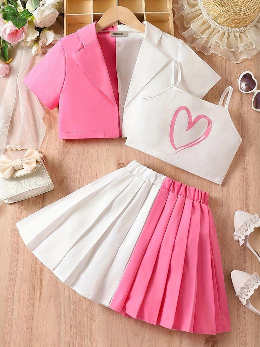INCLUD Girls Colourblocked Top & Pleated Skirt Set, Pink