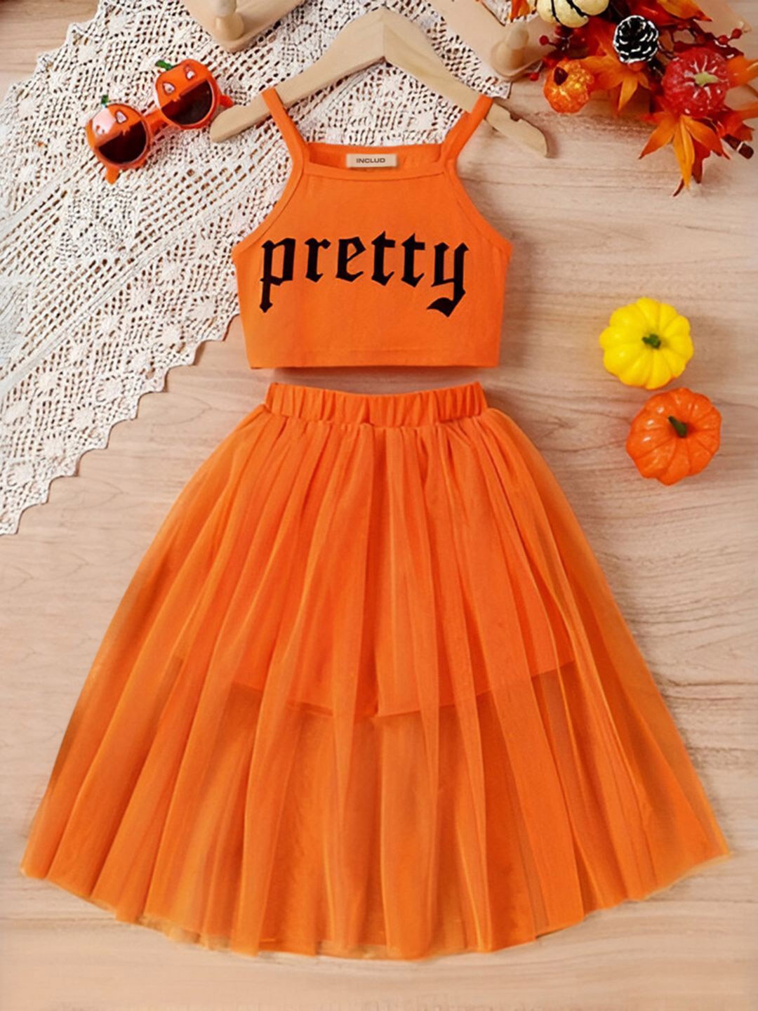 

INCLUD Girls Printed Shoulder Straps Top With Skirt, Orange