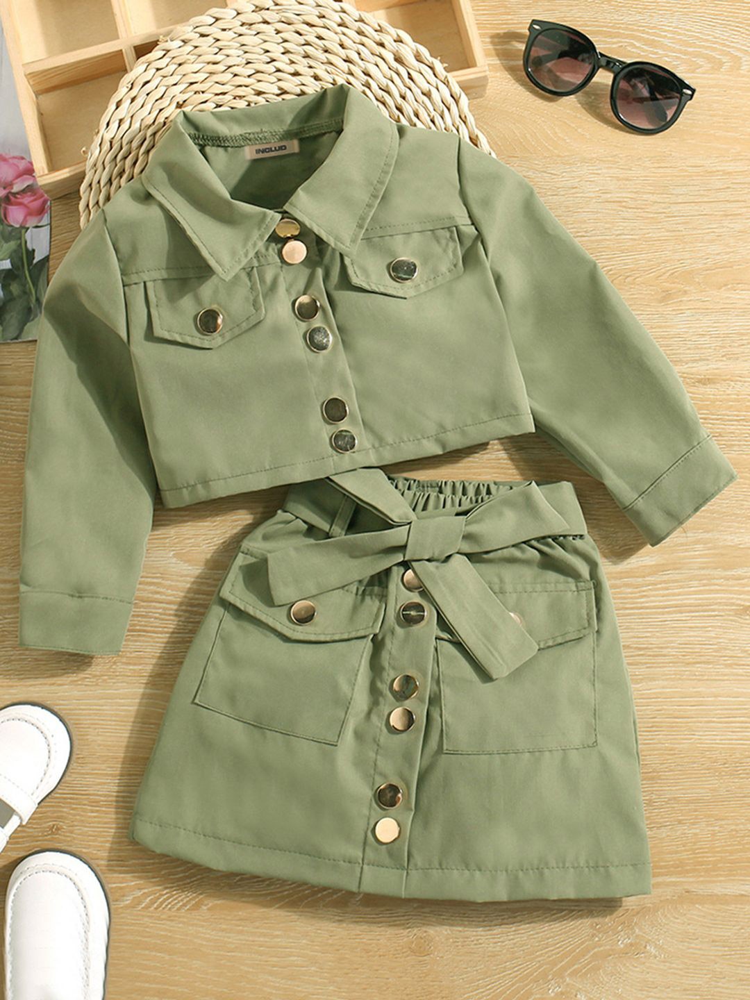 

INCLUD Girls Jacket Top With Skirt Set, Green