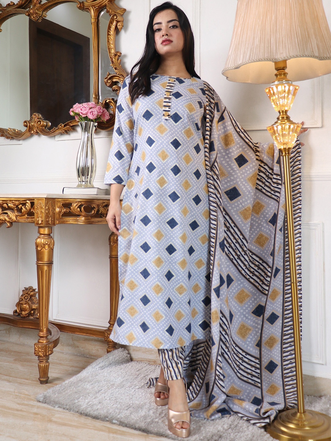 

KALINI Geometric Printed Regular Kurta with Trousers & Dupatta, Grey