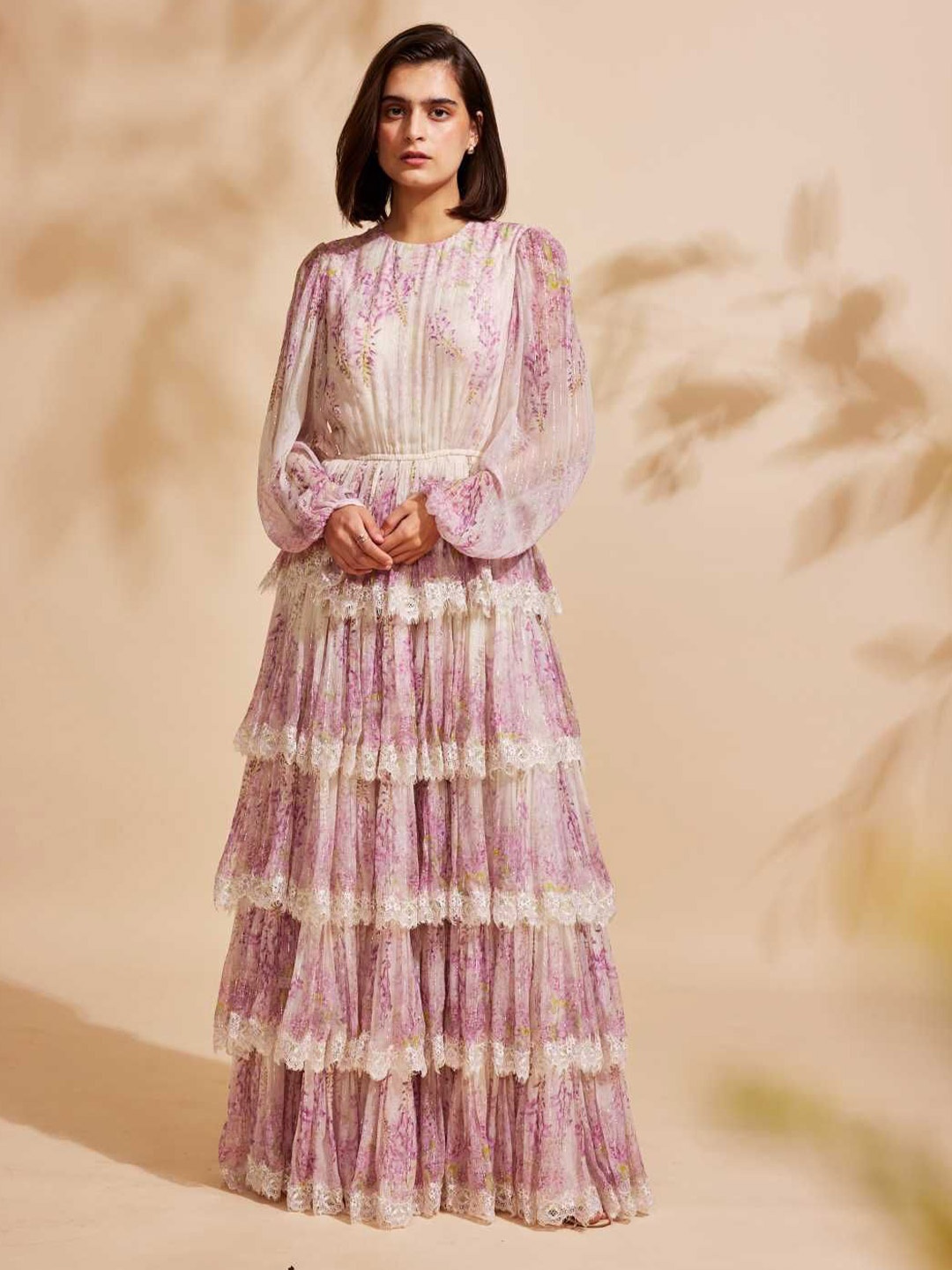 

Roseroom By Isha J Women Floral Printed Puff Sleeves Layered Fit & Flare Maxi Dress, Pink