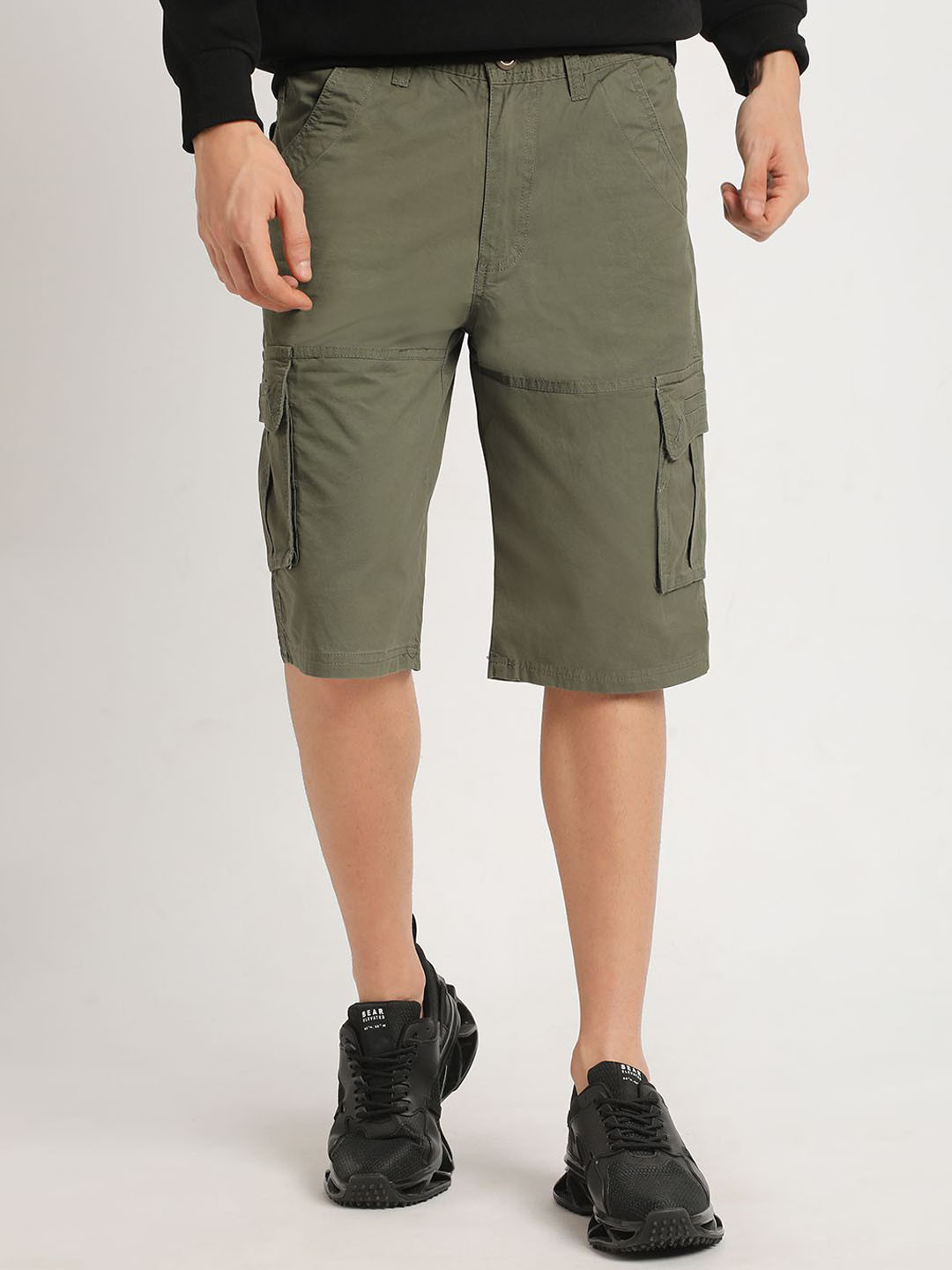 

THE BEAR HOUSE Men Mid Rise Pure Cotton Cargo Shorts, Olive