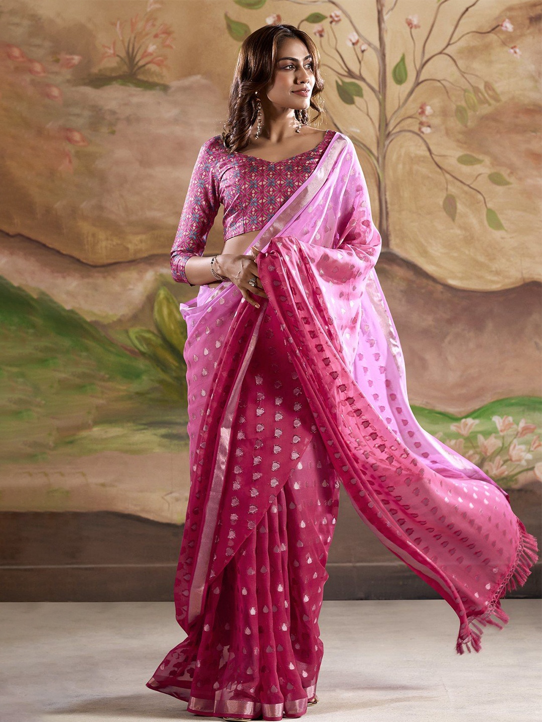 

MySilkLove Woven Design Zari Pure Georgette Banarasi Saree, Pink