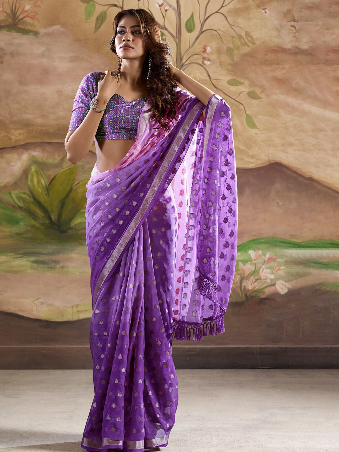 

MySilkLove Woven Design Zari Pure Georgette Banarasi Saree, Purple