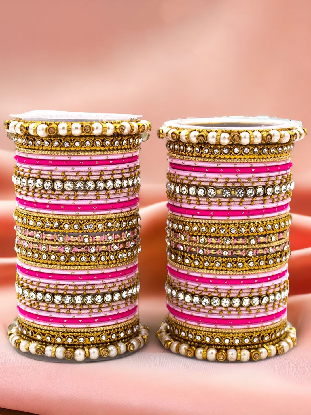 

leshya Set of 70 Brass-Plated Artificial Stone Studded Bangles, Pink