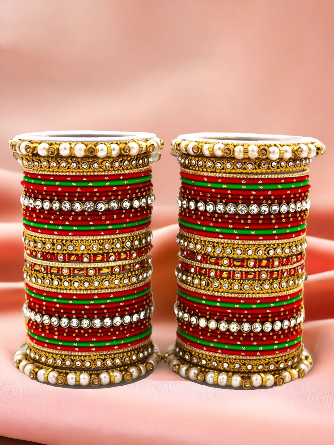 

leshya Set Of 70 Brass-Plated Stone-Studded & Beaded Bangles, Red