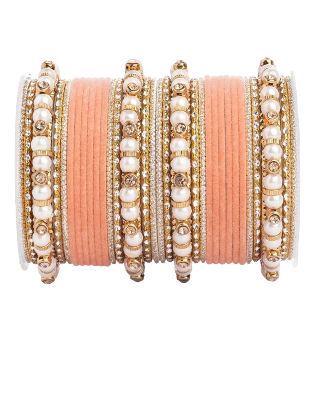 

leshya Set Of 32 Brass Plated Stone Studded & Beaded Bangles, Peach