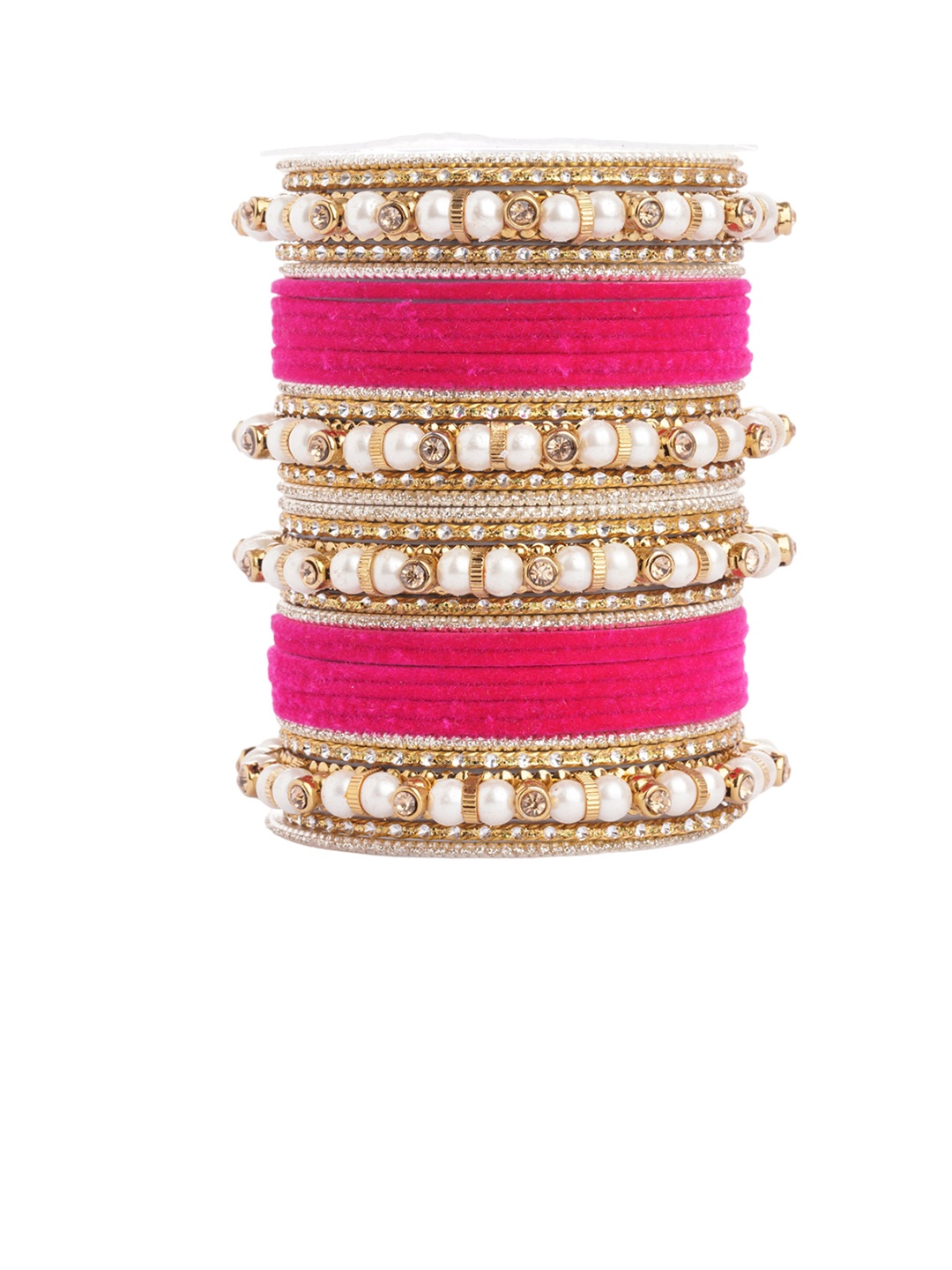 

leshya Set Of 32 Brass-Plated Artificial Stones & Beads Studded Bangles, Pink