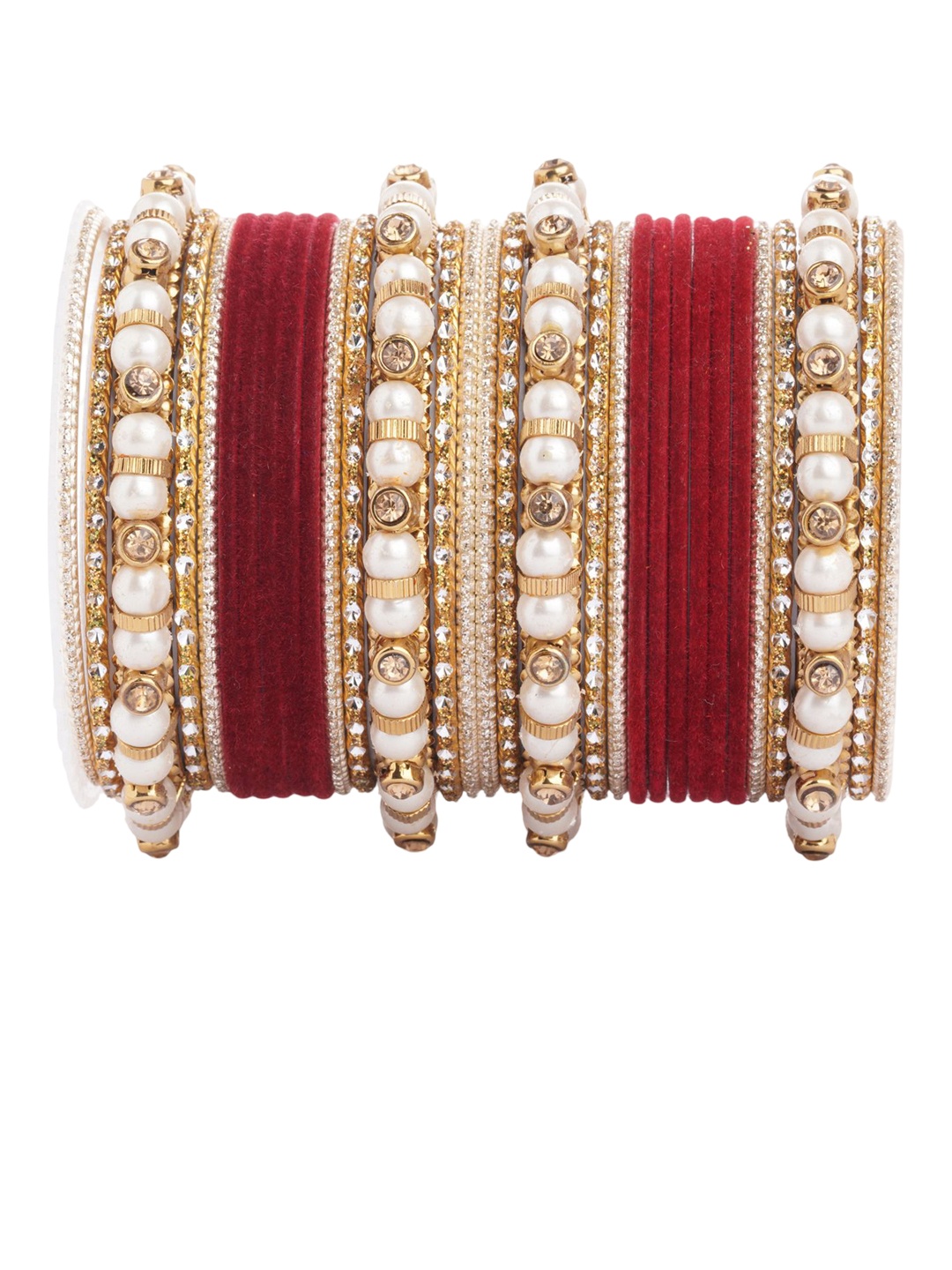 

leshya Set Of 32 Brass Plated Stone Studded Bangles, Red