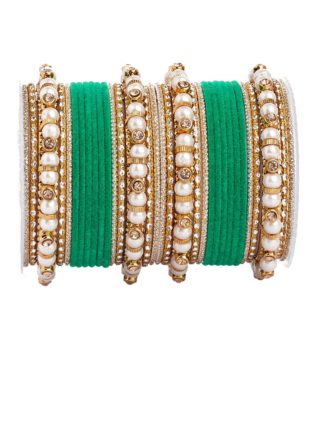 

leshya Set Of 32 Brass Plated Stone Studded & Beaded Bangles, Green