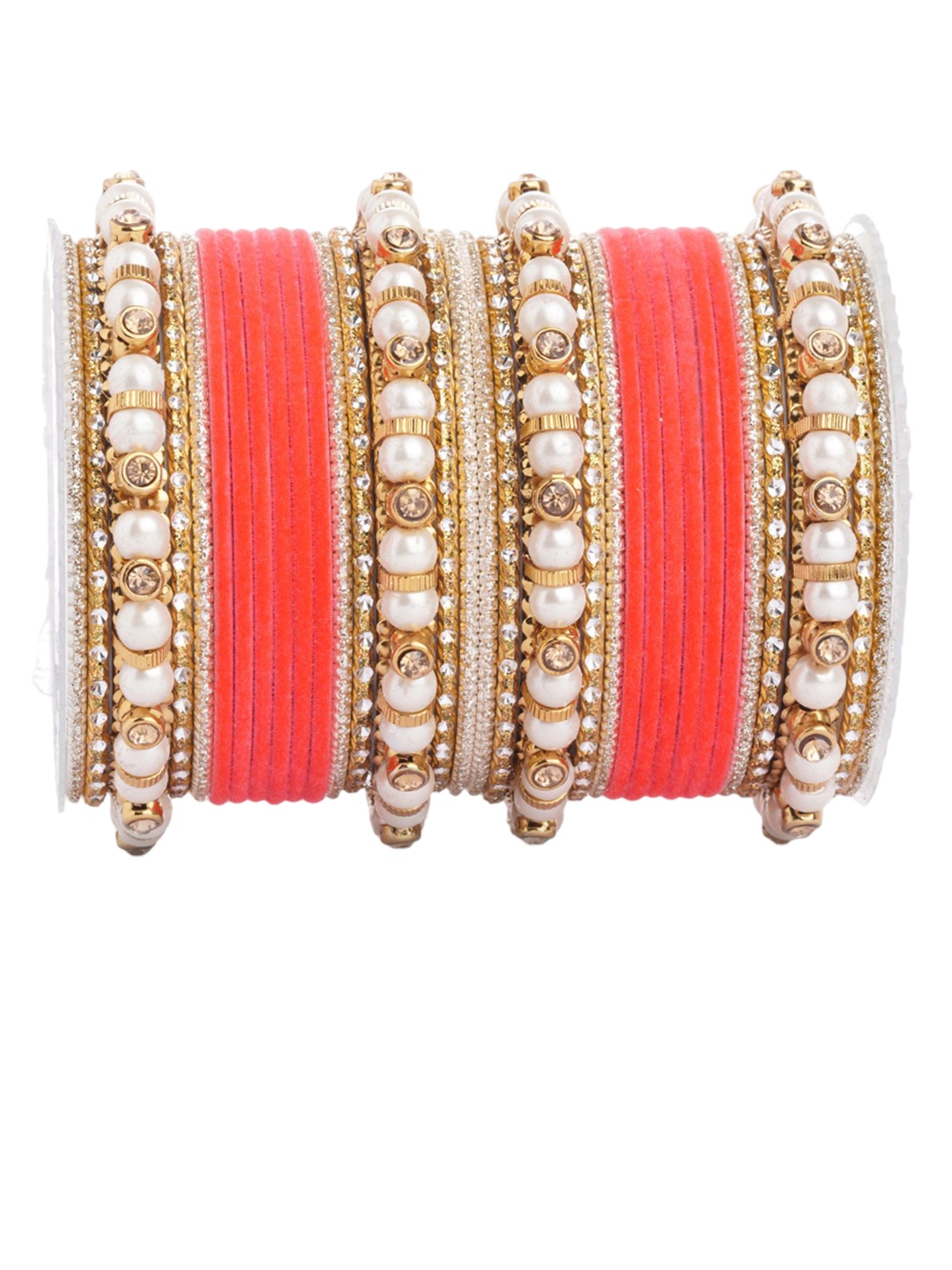 

leshya Set Of 32 Brass-Plated Stone-Studded & Beaded Bangles, Orange