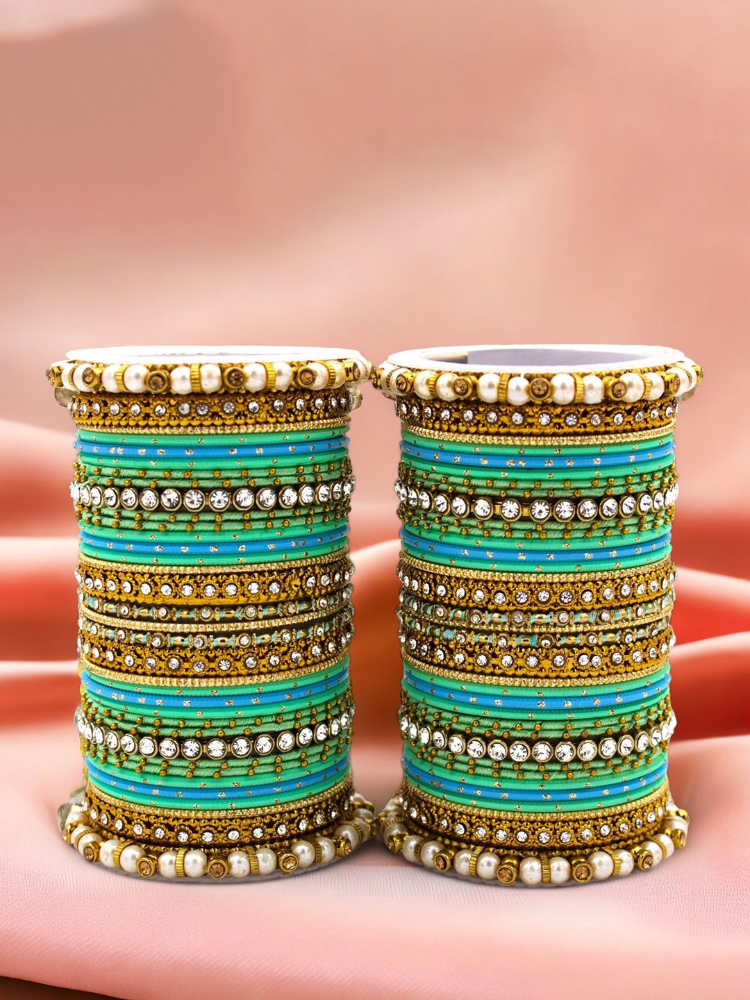 

leshya Set Of 70 Gold-Plated Artificial Stone-Studded Bangles, Blue