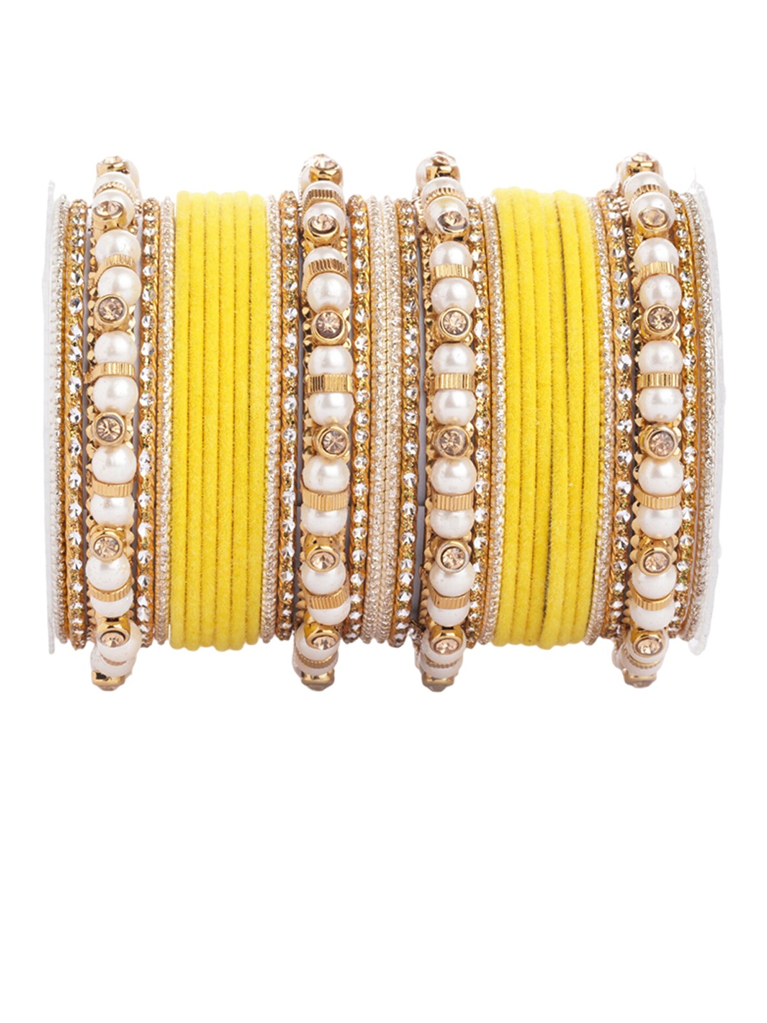 

leshya Set Of 32 Brass-Plated Stone-Studded & Beaded Bangles, Yellow