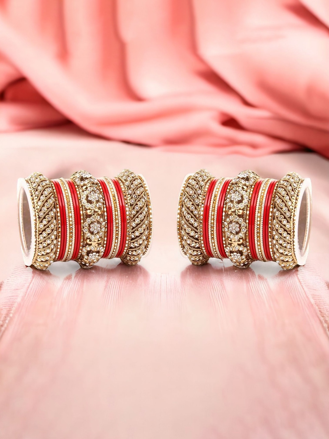 leshya Set of 46 Brass-Plated Stone-Studded Bangles, Red