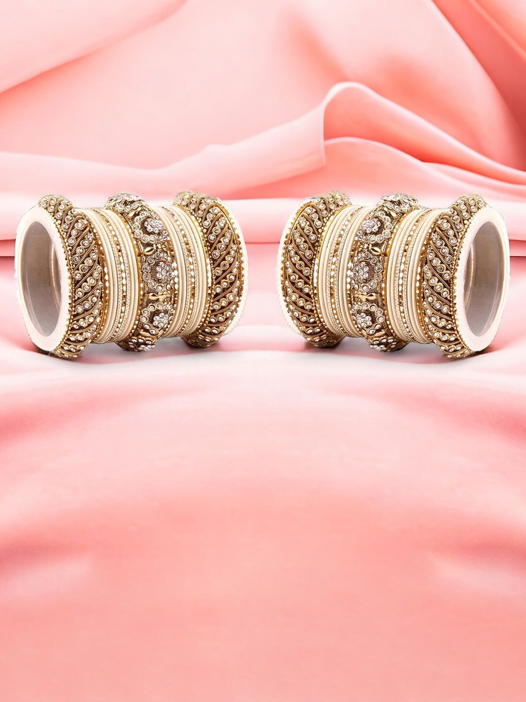 

leshya Set Of 46 Brass-Plated Artificial Stone-Studded Bangles, Beige