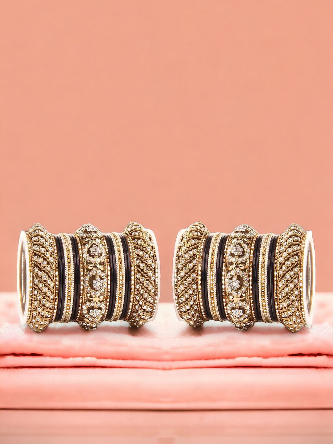 

leshya Set Of 46 Brass Plated Stone Studded & Beaded Bangles, Black