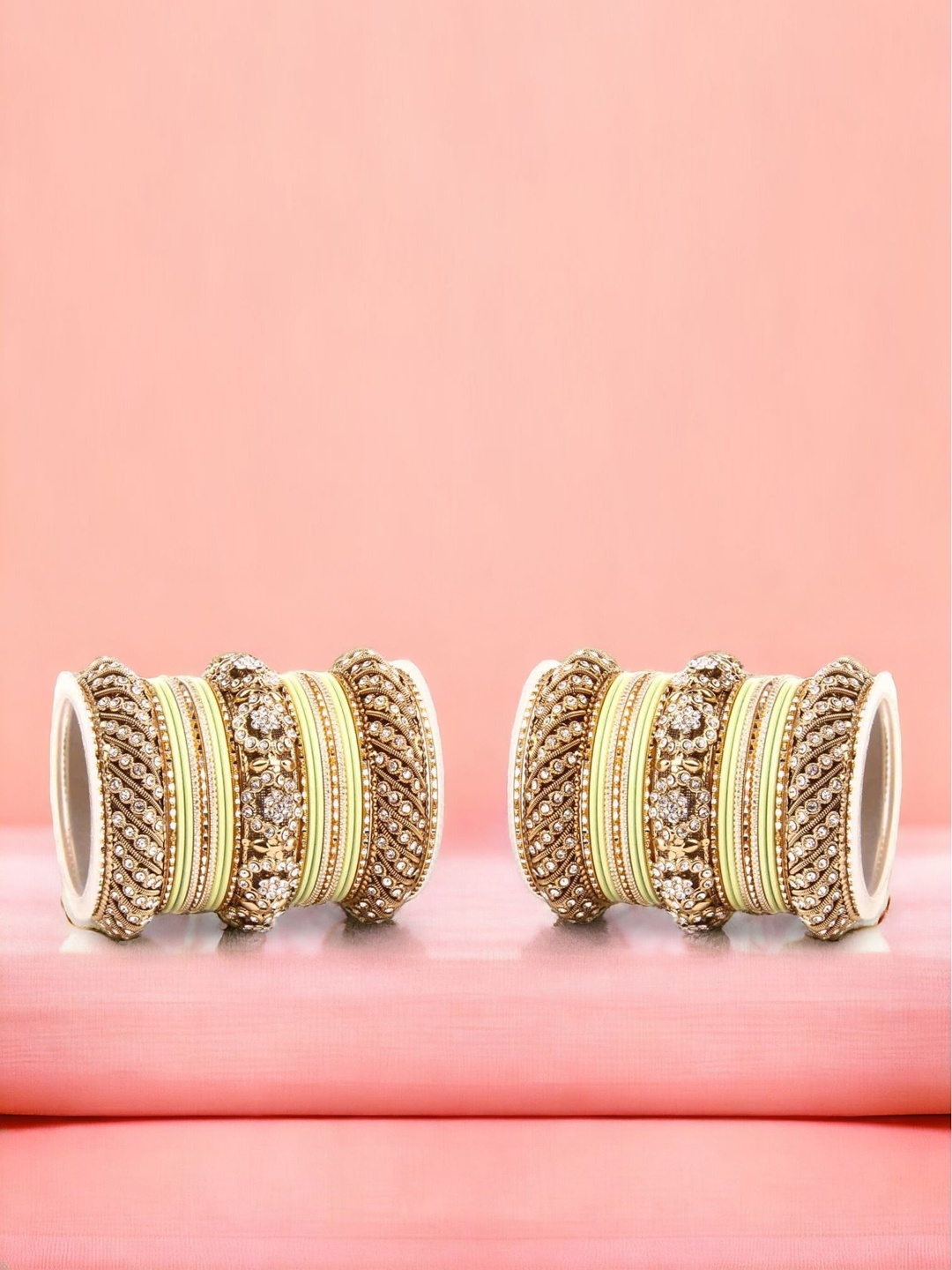 

leshya Set Of 46 Brass-Plated Stone-Studded & Beaded Bangles, Gold