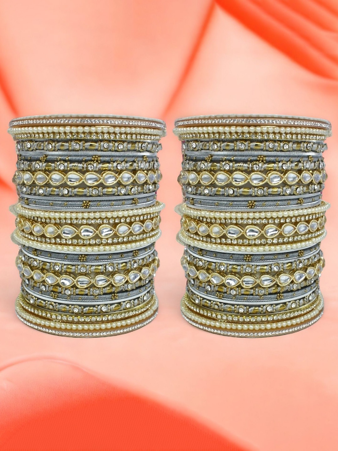 

leshya Set Of 66 Brass-Plated Stone-Studded & Beaded Bangles, Grey