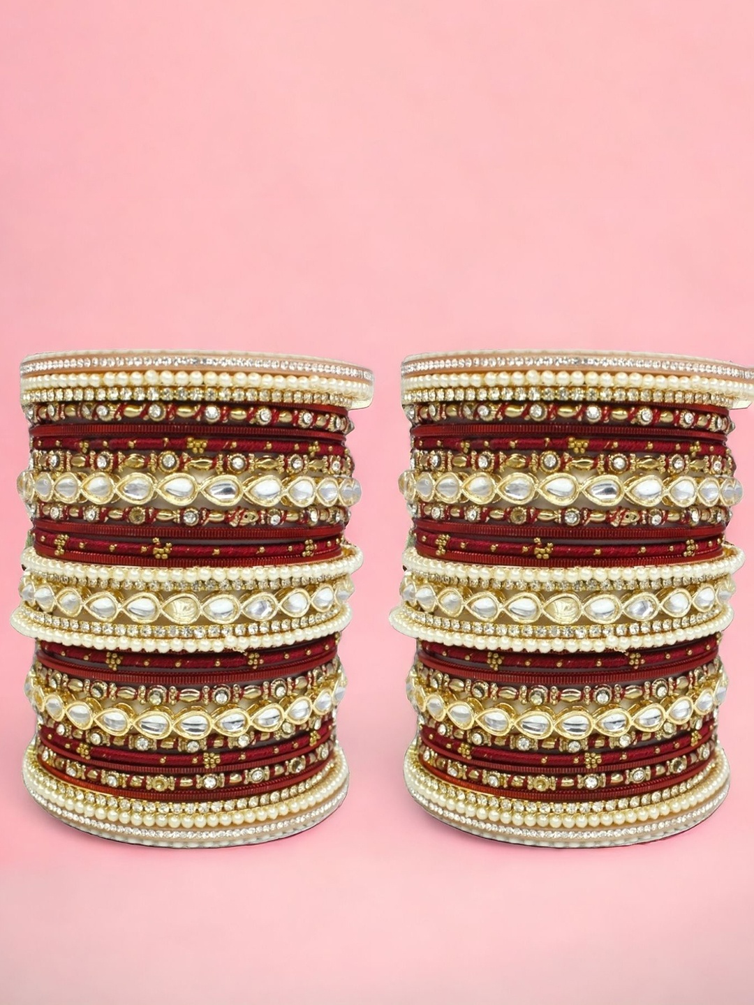 

leshya Set Of 66 Brass-Plated Kundan-Studded Bangles, Maroon