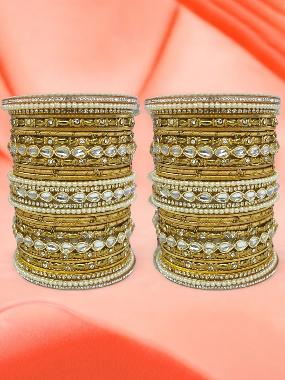 

leshya Set Of 66 Brass-Plated Kundan Stone Studded Bangles, Gold