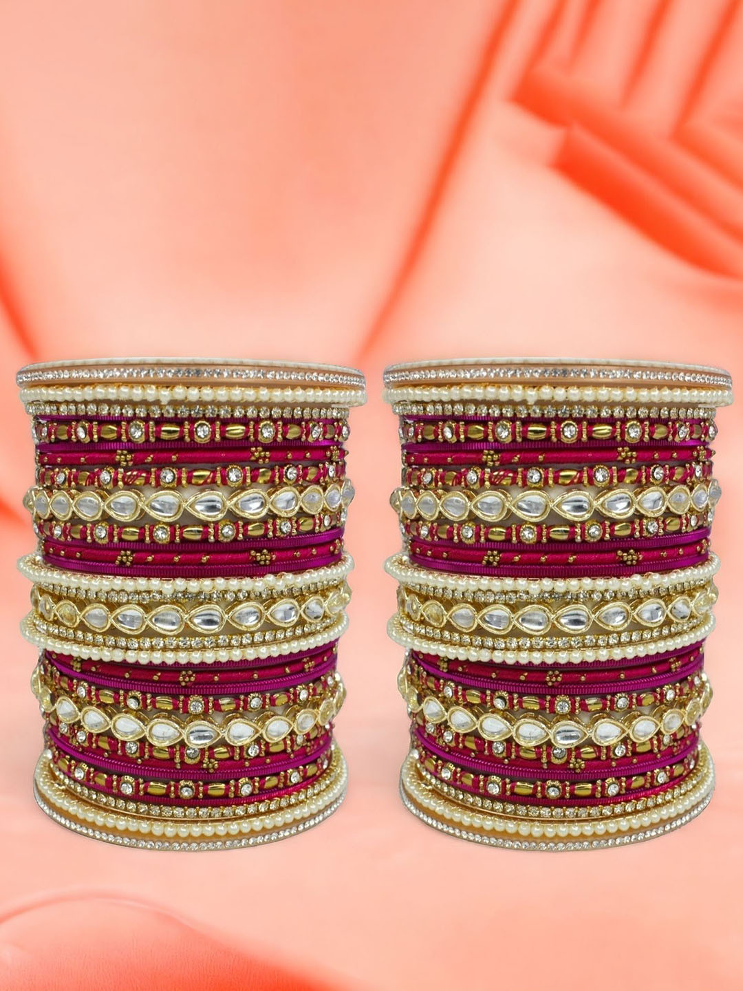

leshya Set Of 66 Brass-Plated Stone-Studded & Beaded Bangles, Maroon