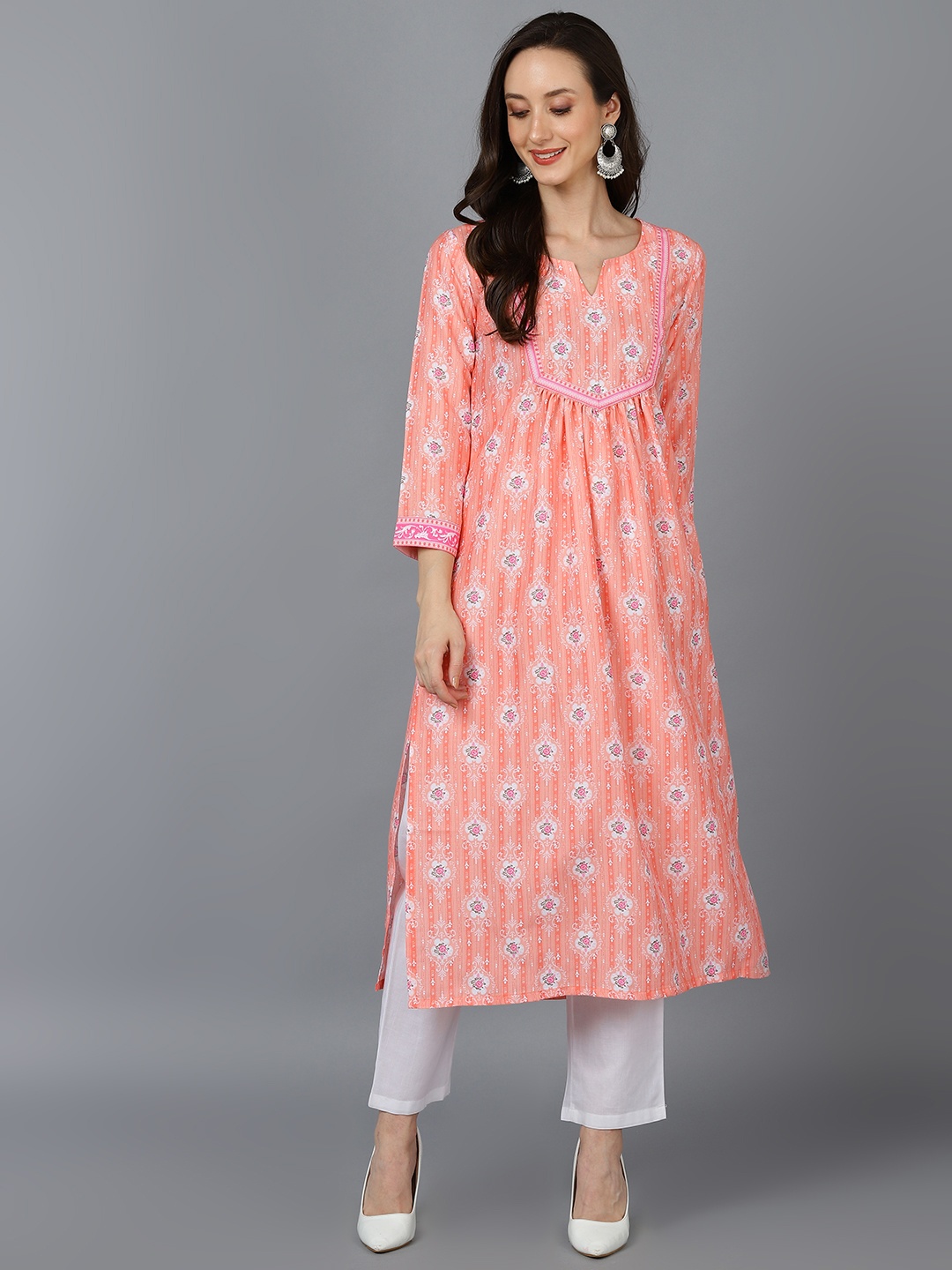 

KALINI Ethnic Motifs Printed Silk Straight Kurta, Peach