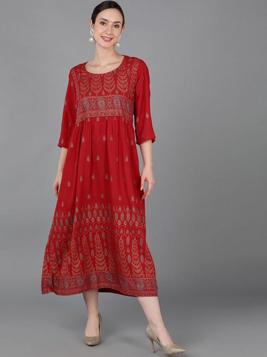 

KALINI Ethnic Motifs Printed A-Line Kurta, Red