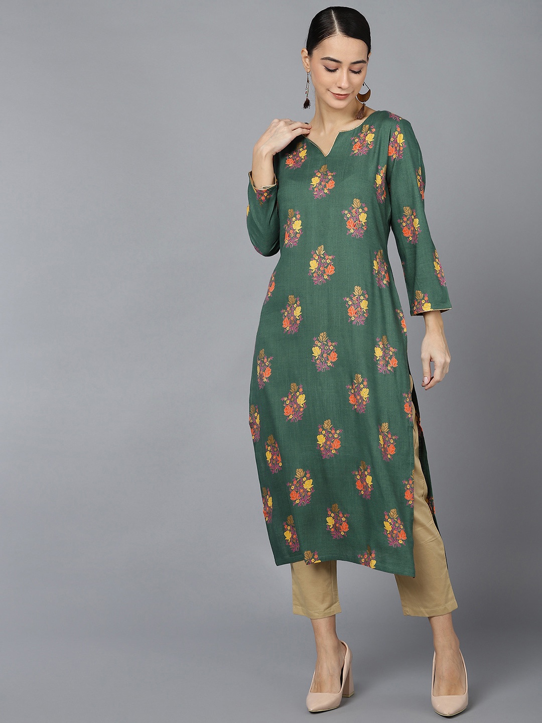 

KALINI Floral Printed Cotton Straight Kurta, Green