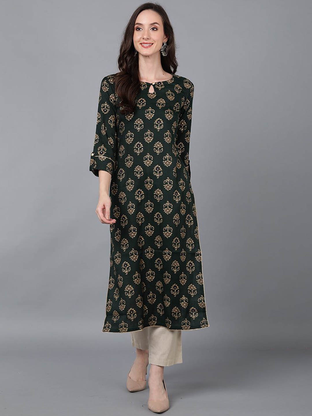

KALINI Floral Printed Keyhole Neck Cotton Straight Kurta, Green