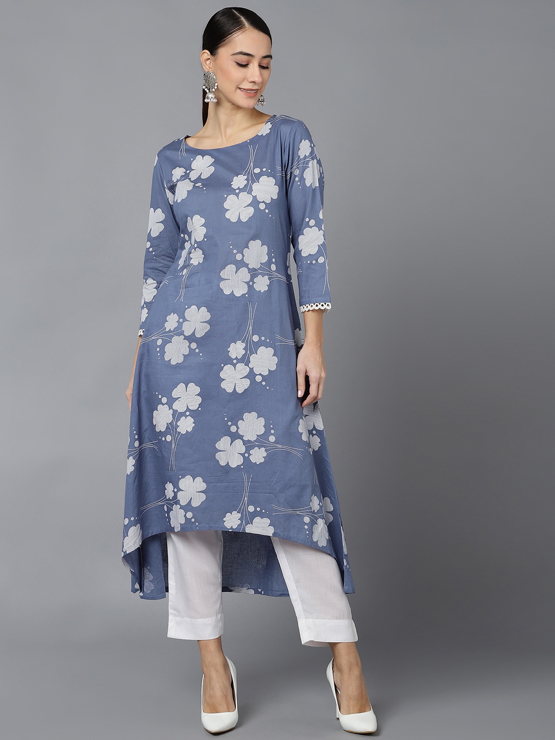 

KALINI Floral Printed Cotton A-Line Kurta, Blue