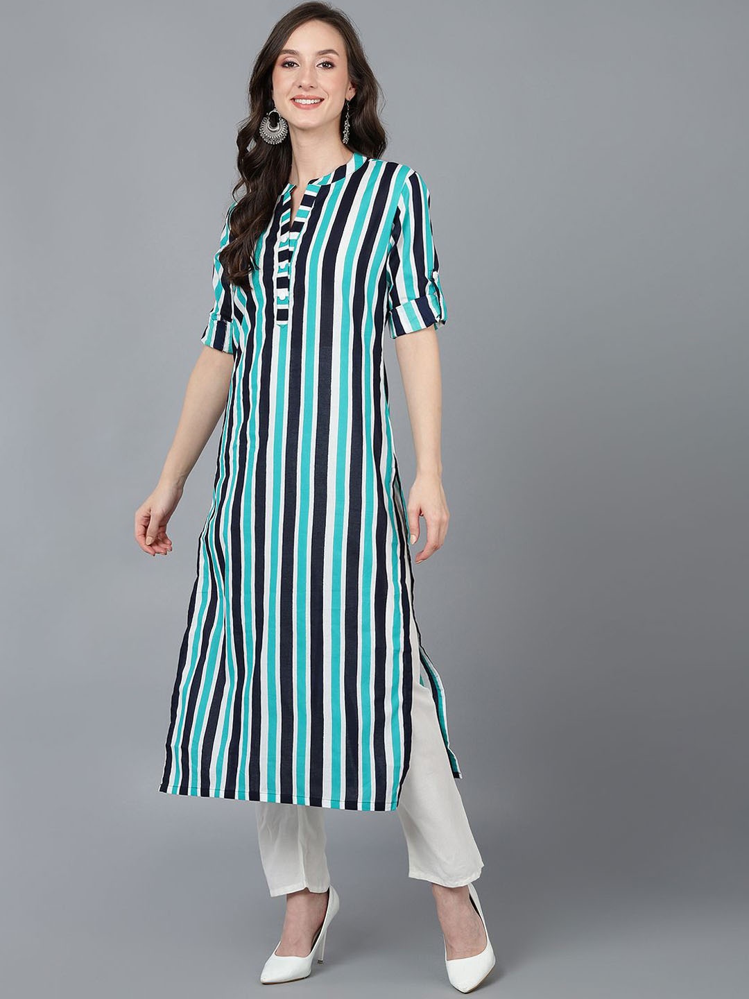 

KALINI Mandarin Collar Striped Cotton Straight Kurta, Blue