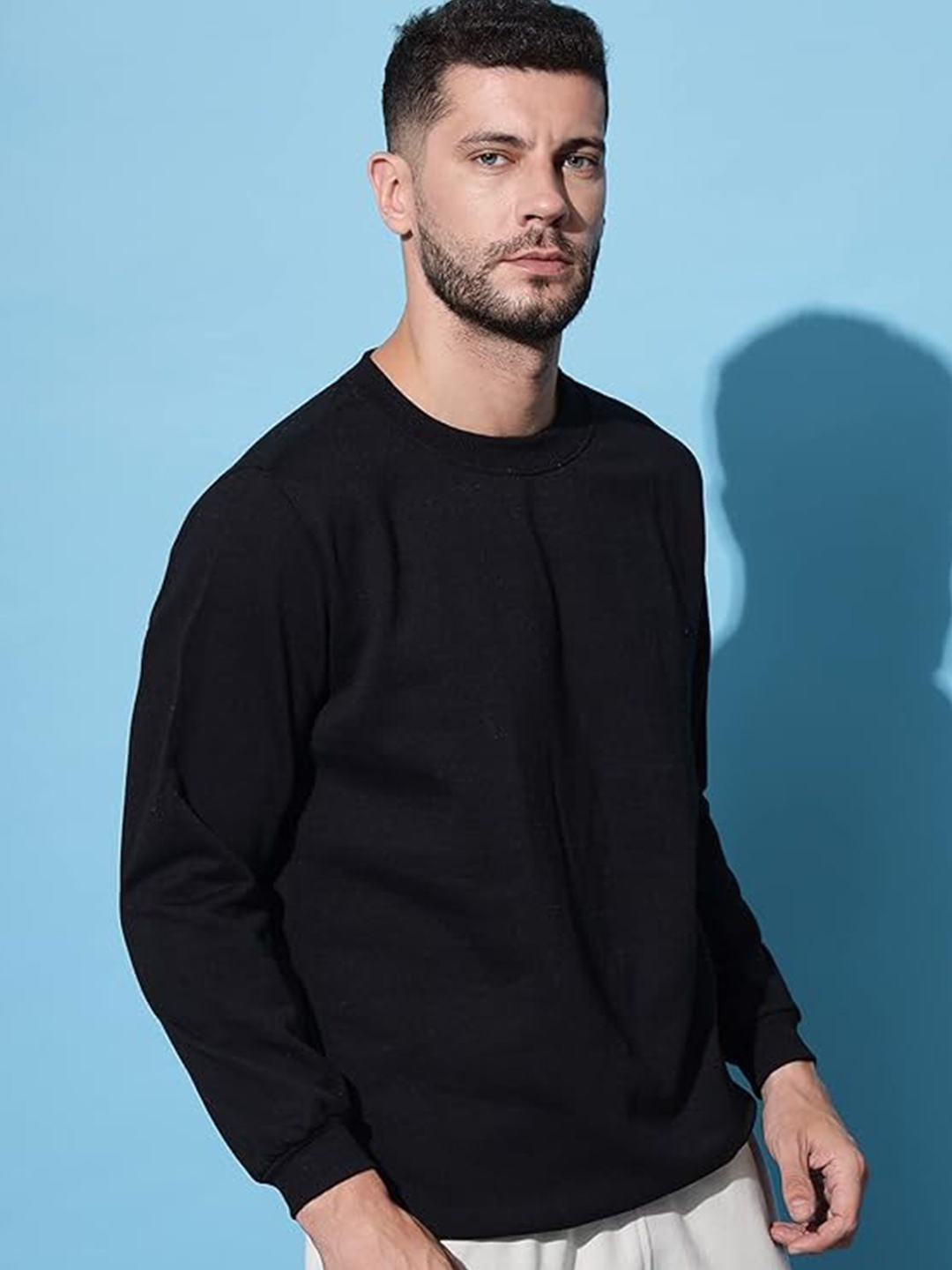 

GAINELL Round Neck Long Sleeves Cotton Pullover Sweatshirt, Black