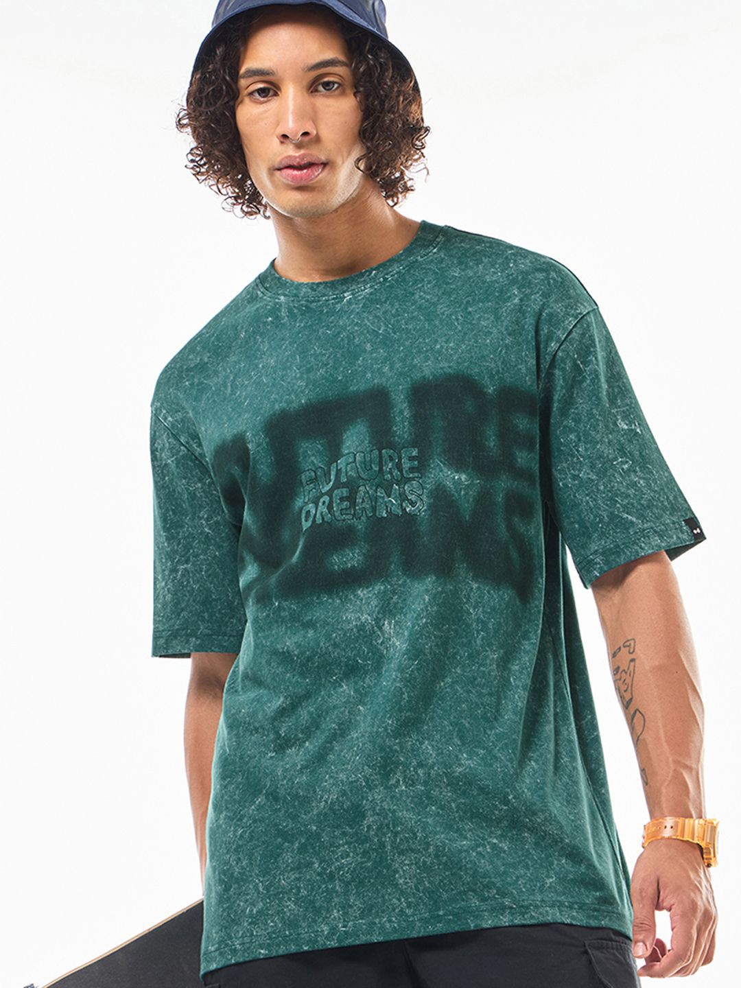 

Bewakoof Men Graphic Printed Round Neck Pure Cotton Oversized T-Shirt, Green
