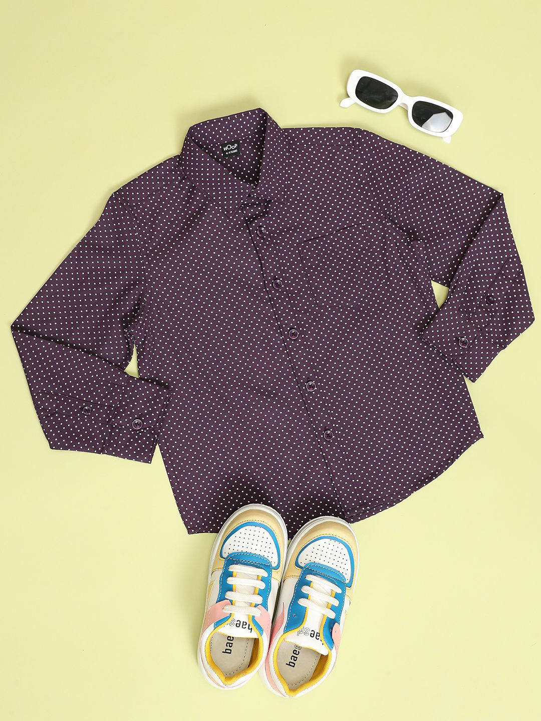 

Hoop Boys Slim Fit Polka Dots Printed Spread Collar Curved Casual Shirt, Purple