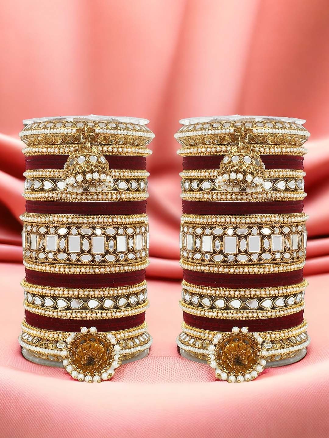 

leshya Set of 50 Brass-Plated Stone Studded & Beaded Mirror Bangles, Gold