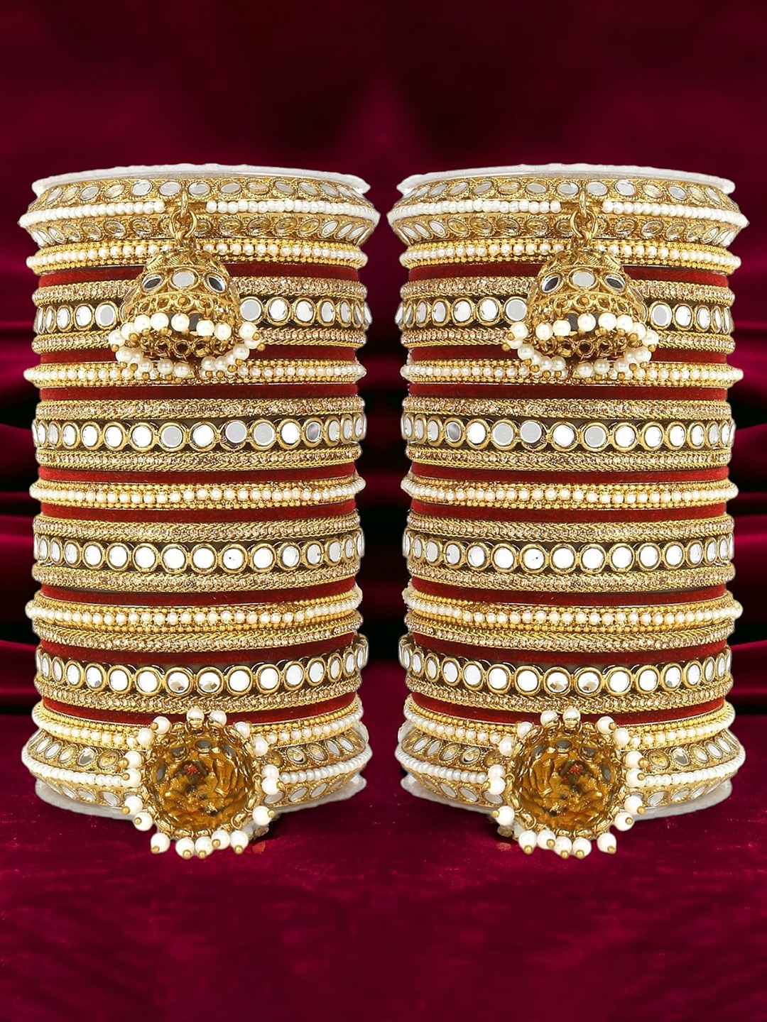 

leshya Set of 54 Brass-Plated Stone Studded & Beaded Mirror Bangles, Gold