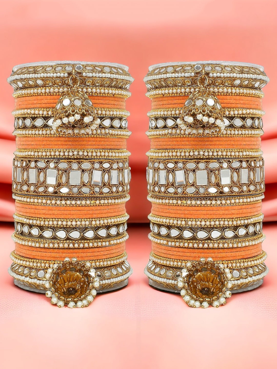 

leshya Set of 50 Brass Plated Mirror Artificial Stone Studded Bangles, Orange