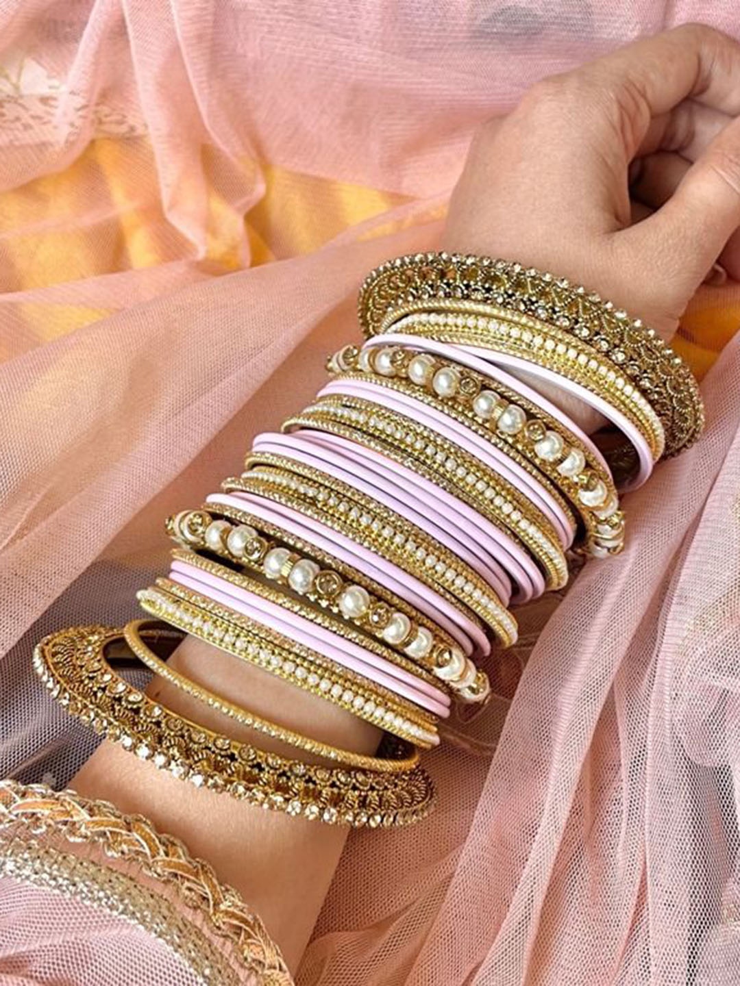 

leshya Set Of 66 Brass-Plated Artificial Stone-Studded Bangles, Pink