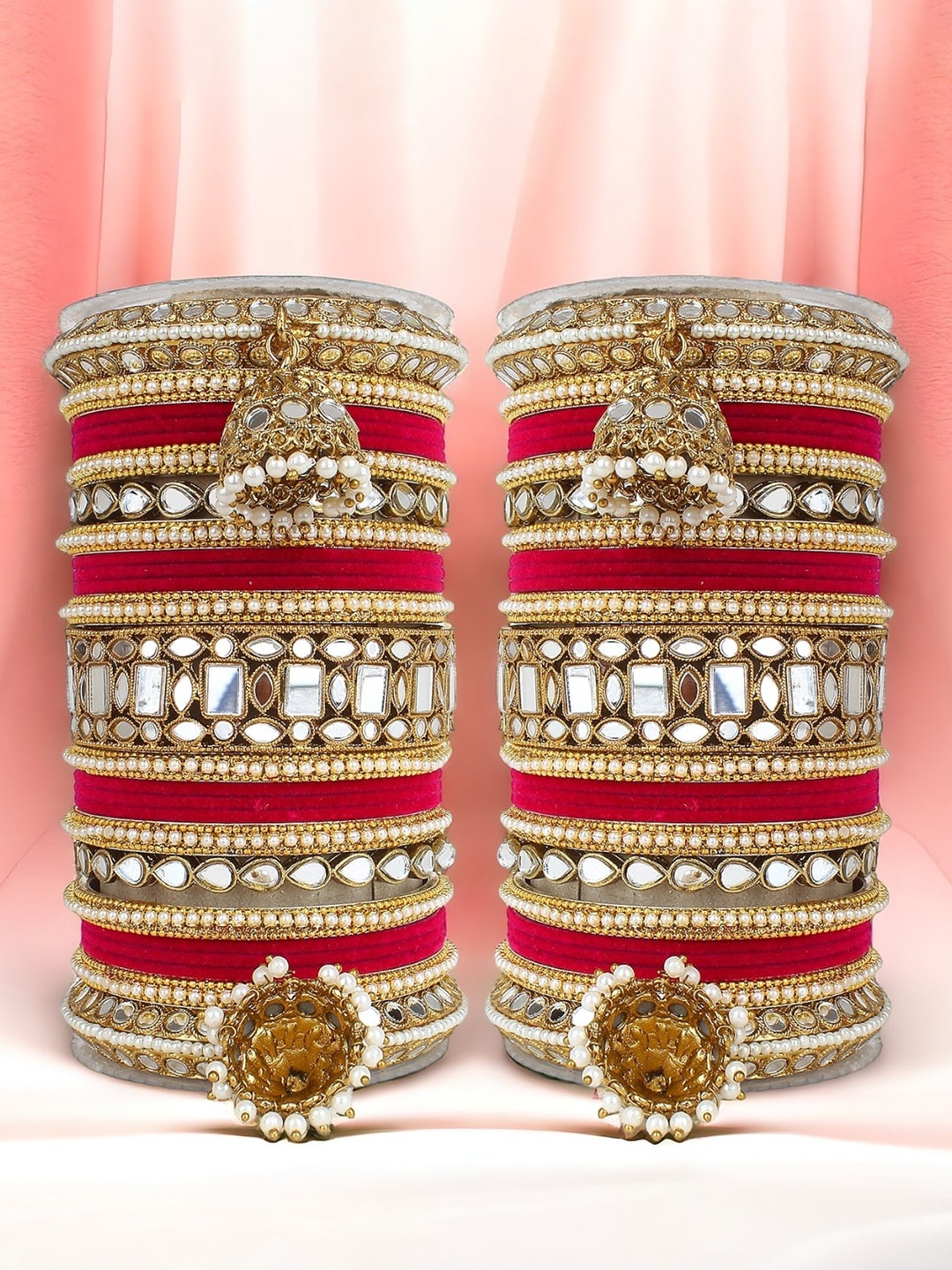 

leshya Set of 50 Brass Plated Mirror Artificial Stone Studded Bangles, Red