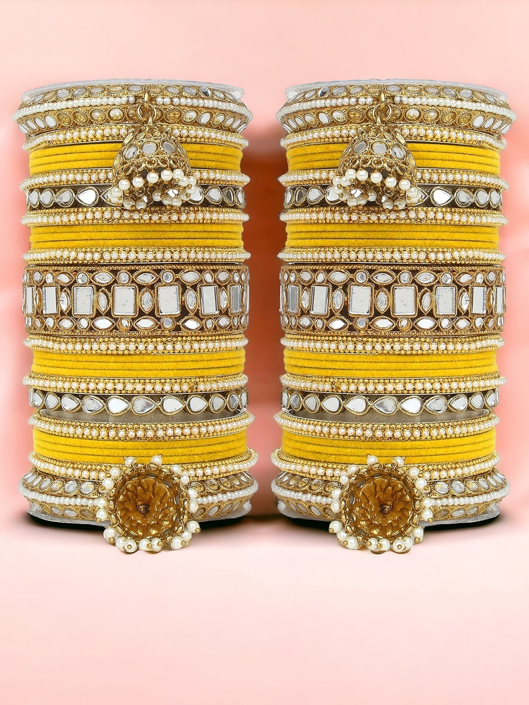 

leshya Set of 50 Brass-Plated Stone Studded & Beaded Mirror Bangles, Gold