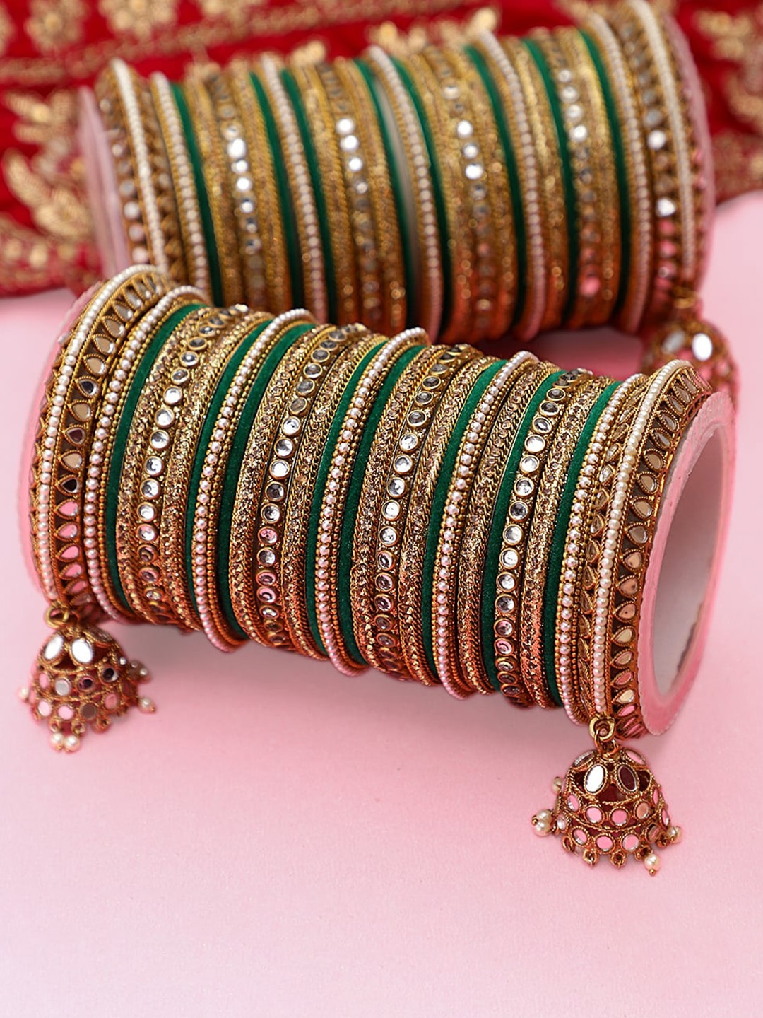 

leshya Set of 54 Brass-Plated Stone Studded & Beaded Mirror Bangles, Gold