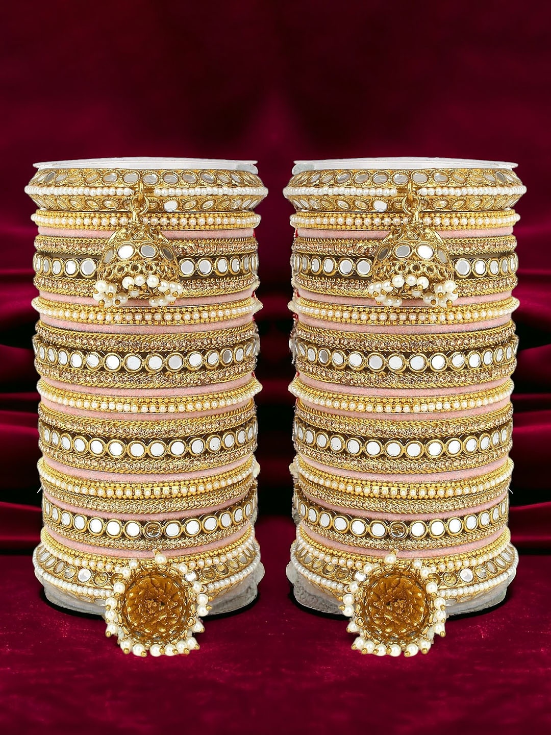 

leshya Set of 54 Brass-Plated Stone Studded & Beaded Mirror Bangles, Gold
