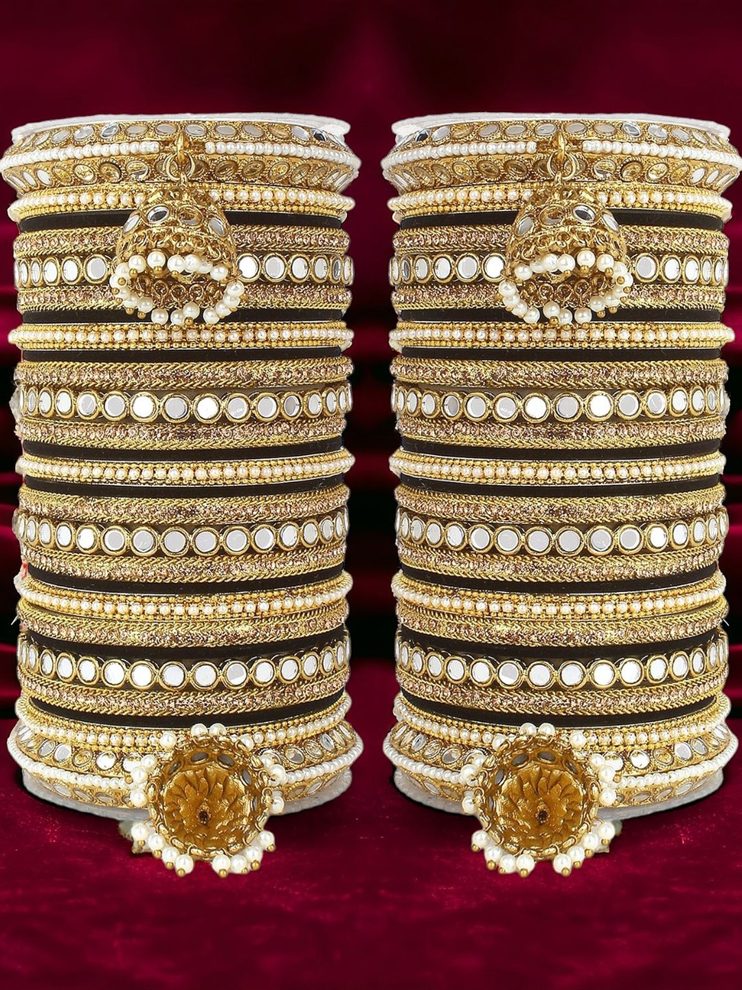 

leshya Set of 54 Brass-Plated Stone Studded & Beaded Mirror Bangles, Gold