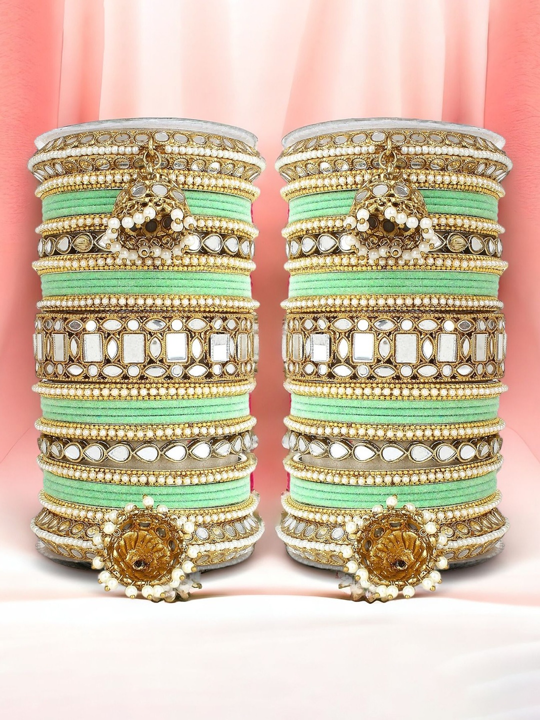 

leshya Set of 50 Brass-Plated Stone Studded & Beaded Mirror Bangles, Gold