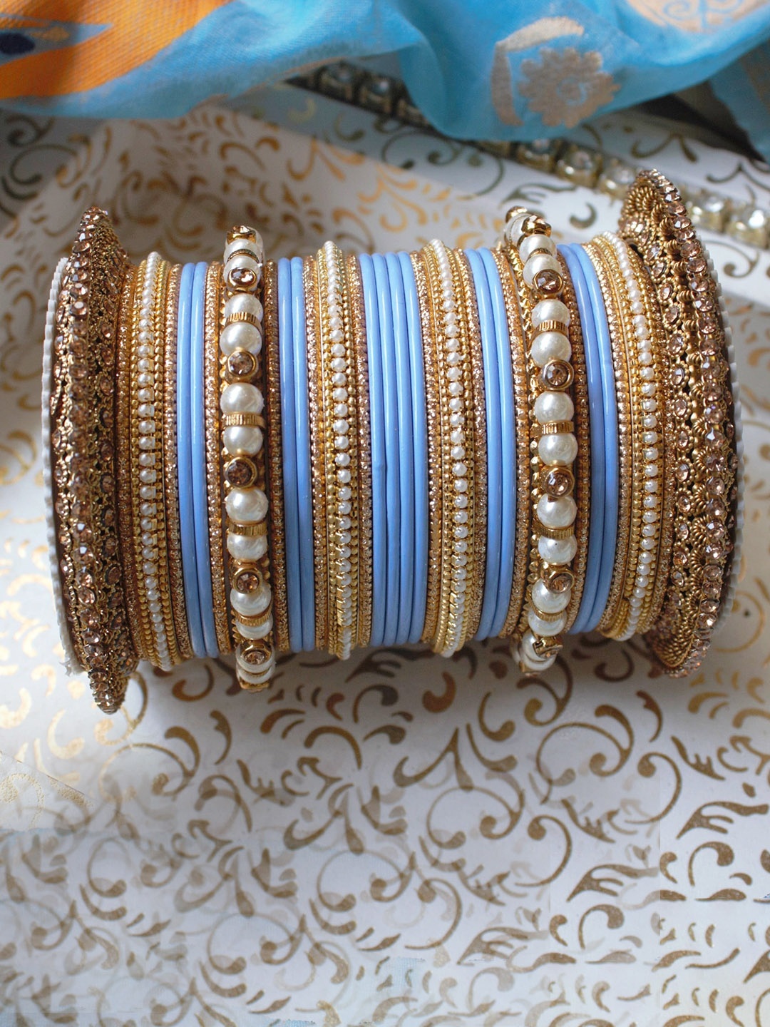 

leshya Set of 66 Brass-Plated Stone Studded & Beaded Bangles, Gold