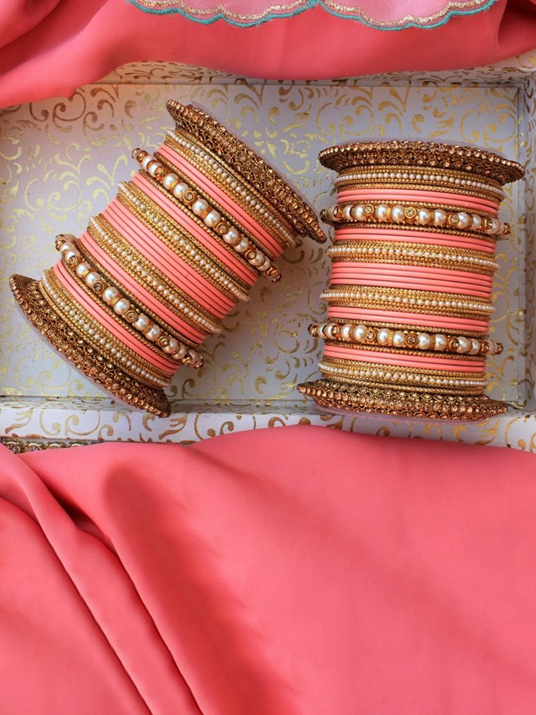 

leshya Set of 66 Brass-Plated Stone Studded & Beaded Mirror Bangles, Gold
