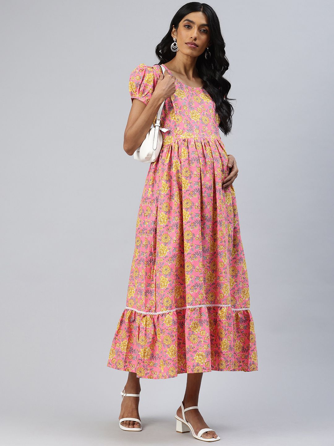 

Swishchick Round Neck Floral Print Puff Sleeve Maternity Maxi Dress, Pink