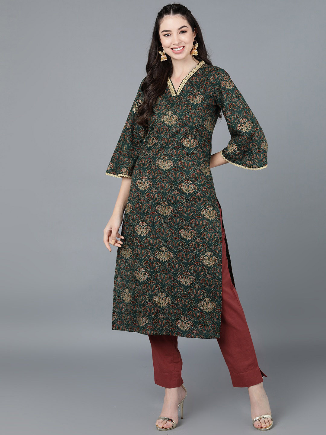 

KALINI Floral Printed V-Neck Flared Sleeves Thread Work Cotton Straight Kurta, Green