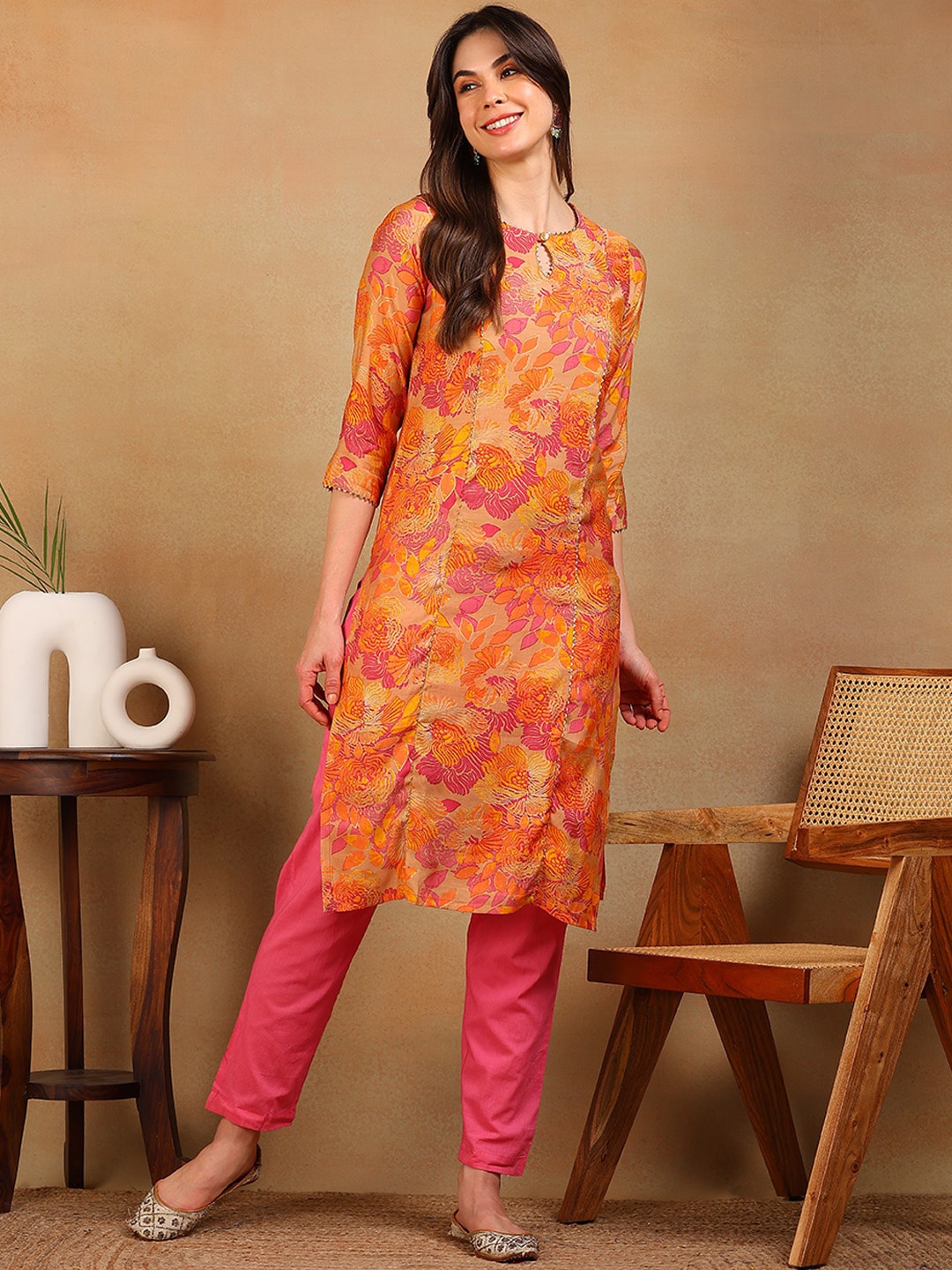 

KALINI Floral Printed Keyhole Neck Gotta Patti Silk Straight Kurta, Beige