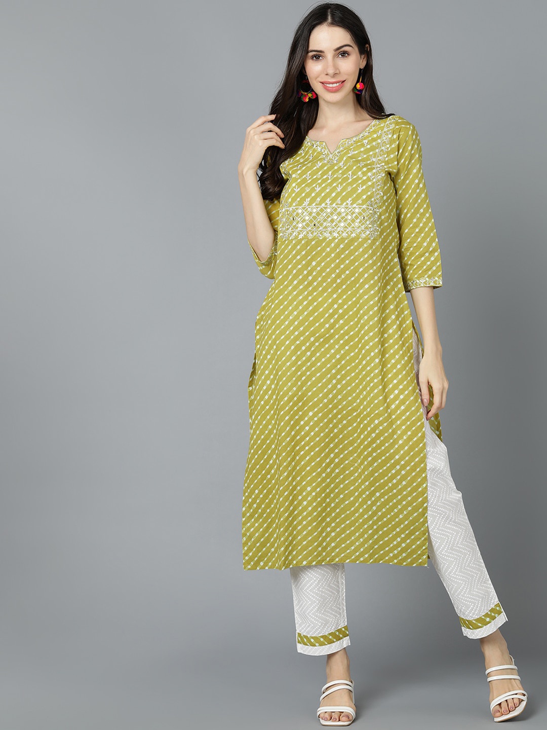 

KALINI Leheriya Yoke Design Cotton Thread Work Kurta, Yellow